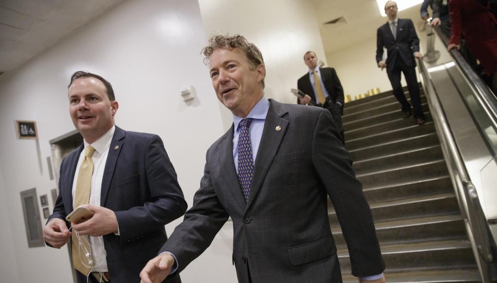 Sen. Rand Paul, R-Ky., and Sen. Mike Lee, R-Utah, return to their offices on Capitol Hill in Washington on March 2, 2017, after votes to confirm two of President Donald Trump's Cabinet picks. (AP)