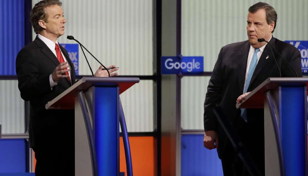 Rand Paul, left, and Chris Christie at the Iowa GOP presidential debate. (AP)