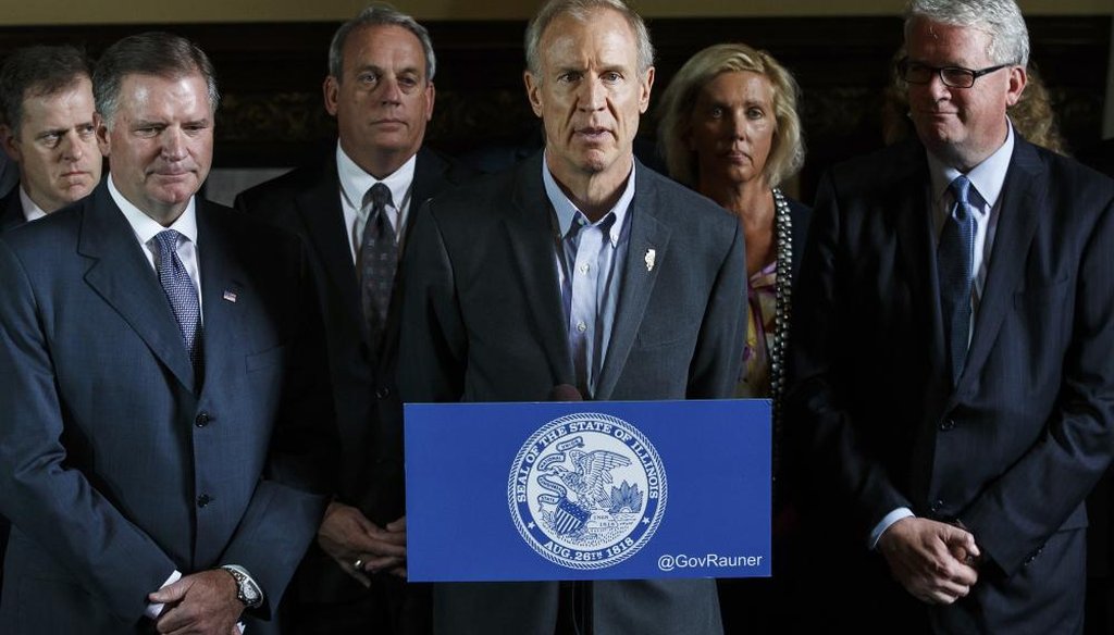 Illinois Gov. Bruce Rauner, flanked by Republican members of both chambers speaks during a news conference during the second day of a special session on education funding at the Illinois State Capitol, Thursday, July 27, 2017, in Springfield, Ill. (AP)