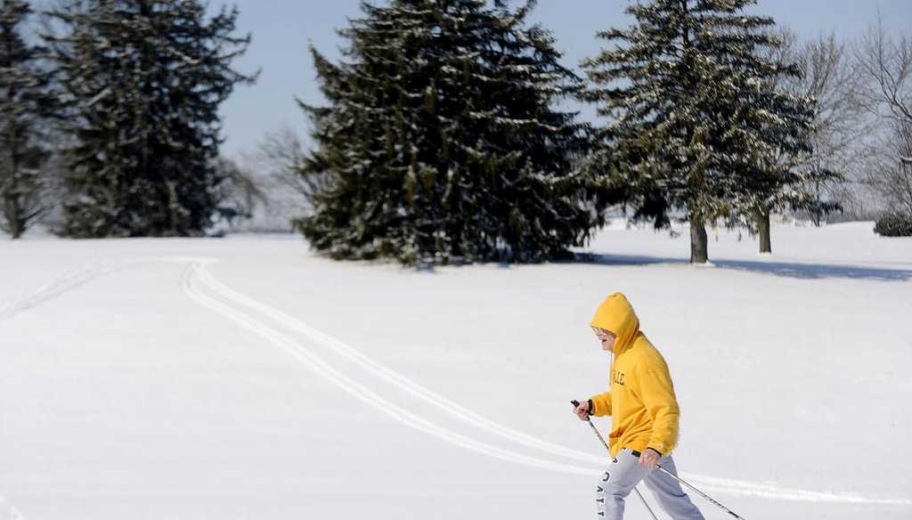 Steve Stahley cross-country skis on the McDaniel College golf course, Tuesday, in Westminster, Md. (AP)