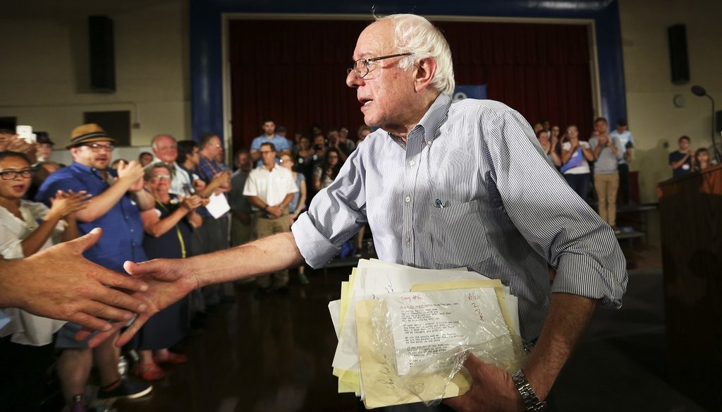 Democratic presidential candidate Sen. Bernie Sanders greets supporters after speaking at his town hall meeting in Salem, N.H., on Aug. 23, 2015. (AP Photo)
