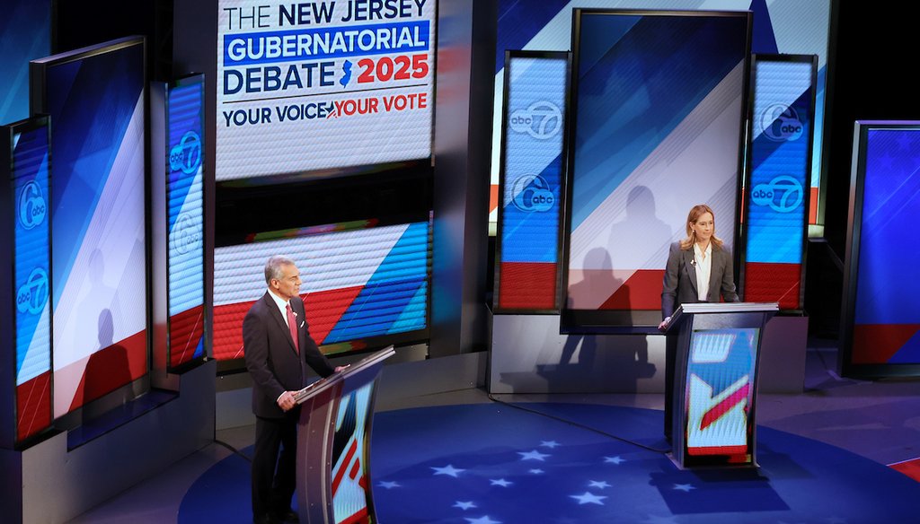 Republican Jack Ciattarelli, left, and Democrat Mikie Sherrill participate in the final debate in the New Jersey governor's race, Wednesday, Oct. 8, 2025, in New Brunswick, N.J. (AP)