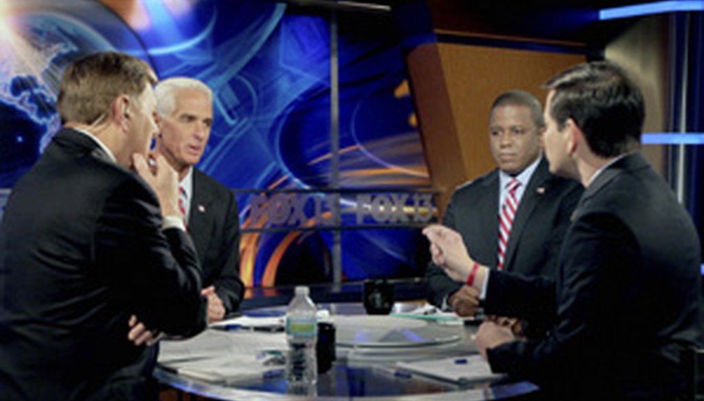 Gov. Charlie Crist, U.S. Rep. Kendrick Meek and Marco Rubio square off in a debate moderated by John Wilson, left, on Oct. 15.