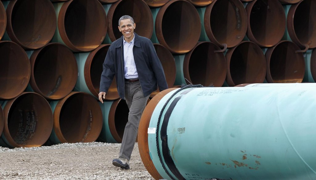 President Barack Obama arrives at the TransCanada Stillwater Pipe Yard in Cushing, Okla. The GOP-controlled House and Senate will likely put pressure on the White House to approve TransCanada’s Keystone XL Pipeline. (AP file)