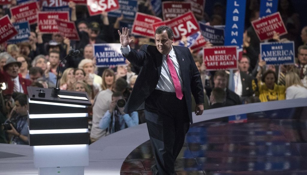 New Jersey Governor Chris Christie waves after speaking on day two of the Republican National Convention. (AP)