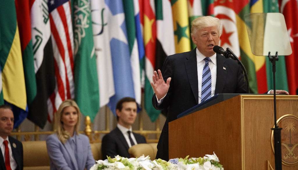 President Donald Trump delivers a speech to the Arab Islamic American Summit, at the King Abdulaziz Conference Center, Sunday, May 21, 2017, in Riyadh, Saudi Arabia. (AP Photo)