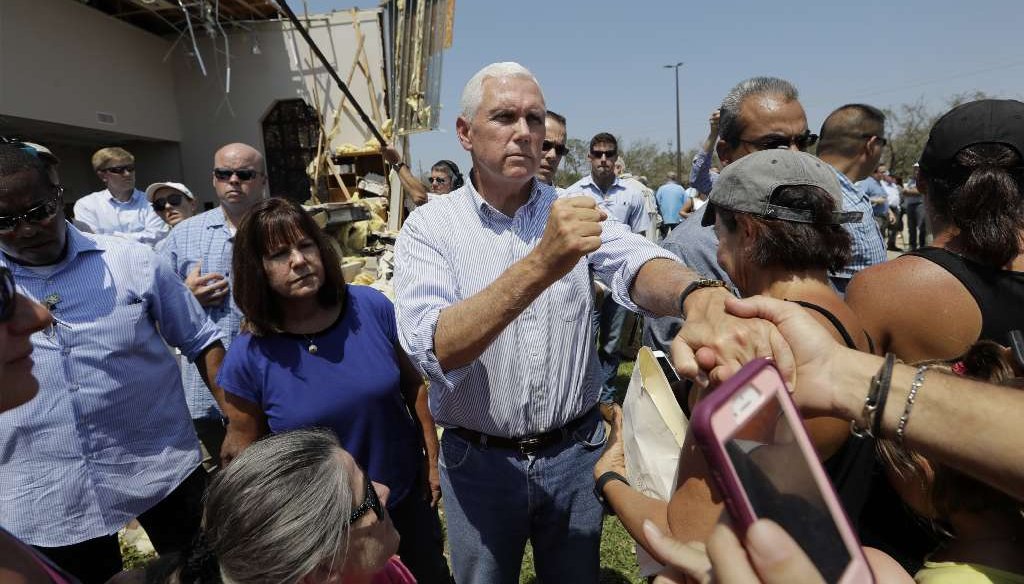 Vice President Mike Pence and his wife Karen visit victims of Hurricane Harvey in Rockport, Texas, on Aug. 31, 2017. (AP photo)