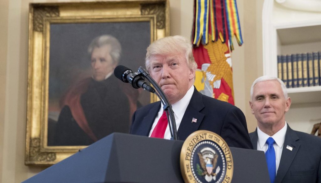 In this March 31, 2017, file photo, a portrait of former President Andrew Jackson hangs on the wall behind President Donald Trump, accompanied by Vice President Mike Pence, in the Oval Office at the White House in Washington. (AP)