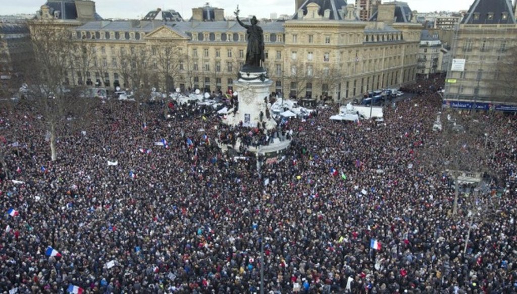 Thousands rally in Paris against terrorism in a Jan. 11, 2015, march on Republic Square.
