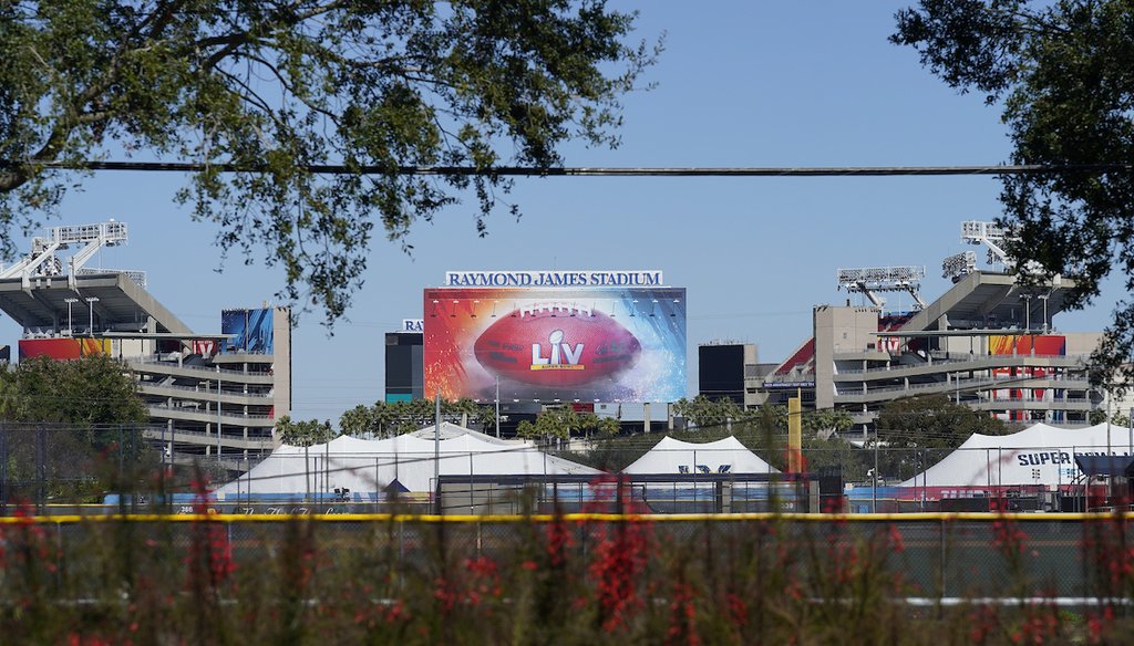 Raymond James Stadium, the site of NFL Super Bowl LV between the Tampa Bay Buccaneers and the Kansas City Chiefs, on Jan. 28, 2021, in Tampa, Fla. (AP/O'Meara)