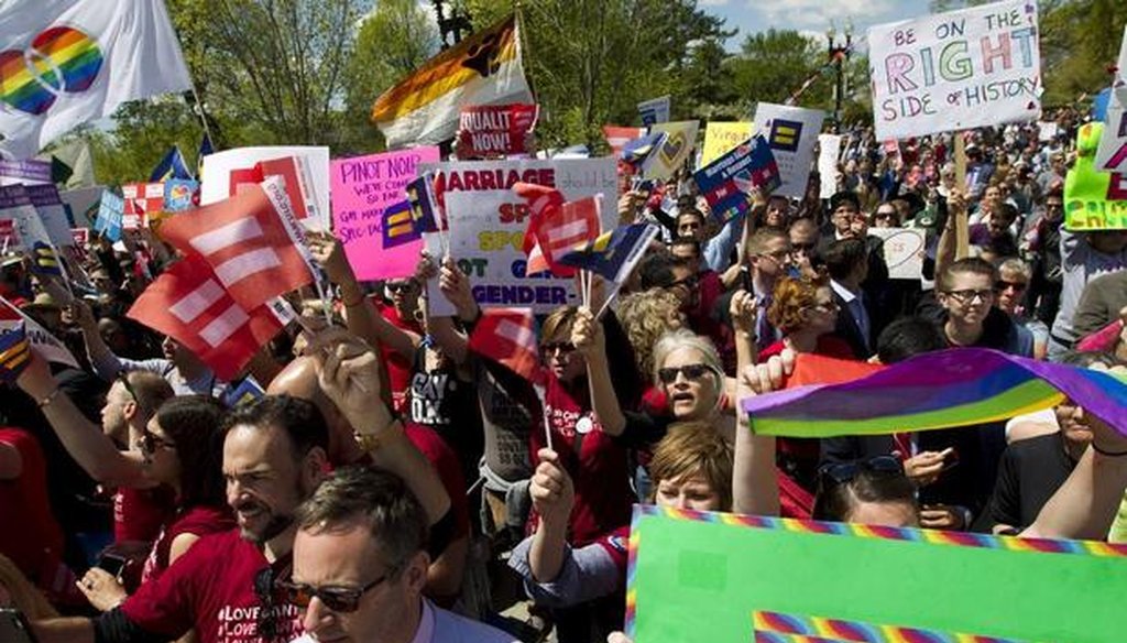 The crowd cheered as plaintiffs left the U.S. Supreme Court after oral arguments about same-sex marriage April 28, 2015. (Associated Press)