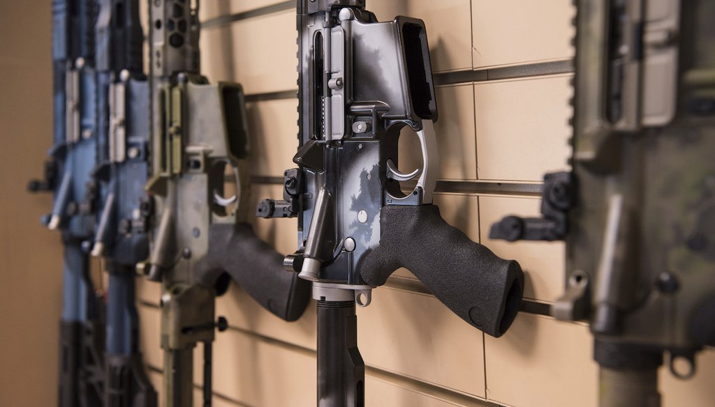 This March 15, 2017 photo shows  AR-15 rifles on display in a gunmaker's retail shop in Webster, Texas. (AP)