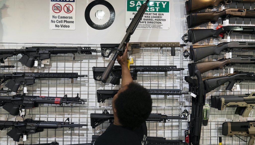 AR-15-style rifles are on display at Burbank Ammo & Guns in Burbank, Calif., Thursday, June 23, 2022. (AP)