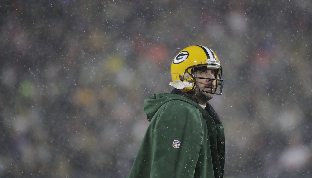 Green Bay Packers' Aaron Rodgers looks up during the second half of an NFC divisional playoff NFL football game against the San Francisco 49ers Saturday, Jan. 22, 2022. The 49ers won 13-10 to advance to the NFC Championship game. (AP)