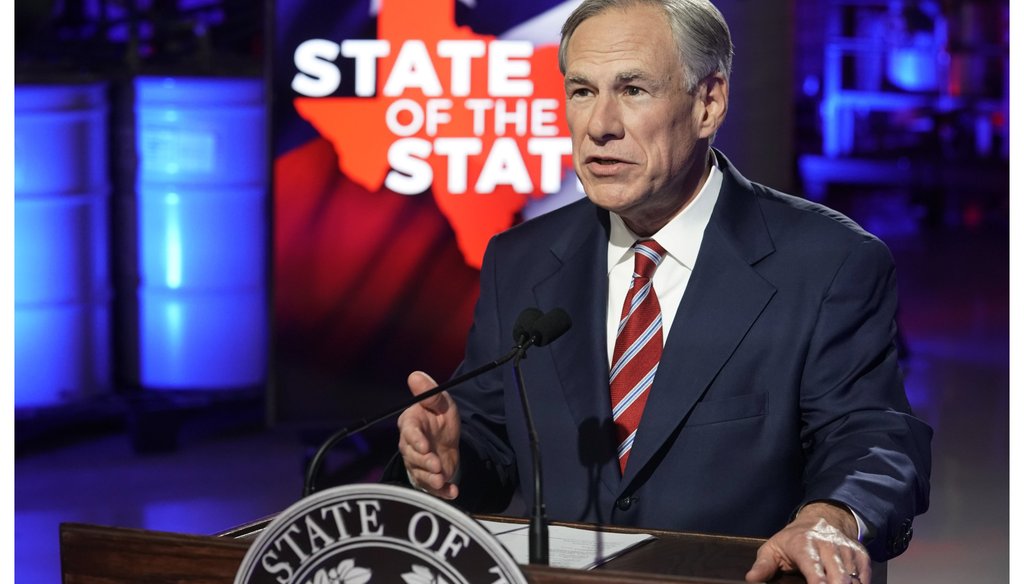Texas Gov. Greg Abbott gives his state of the state address on Feb. 1, 2021 in Lockhart, Texas. (AP)
