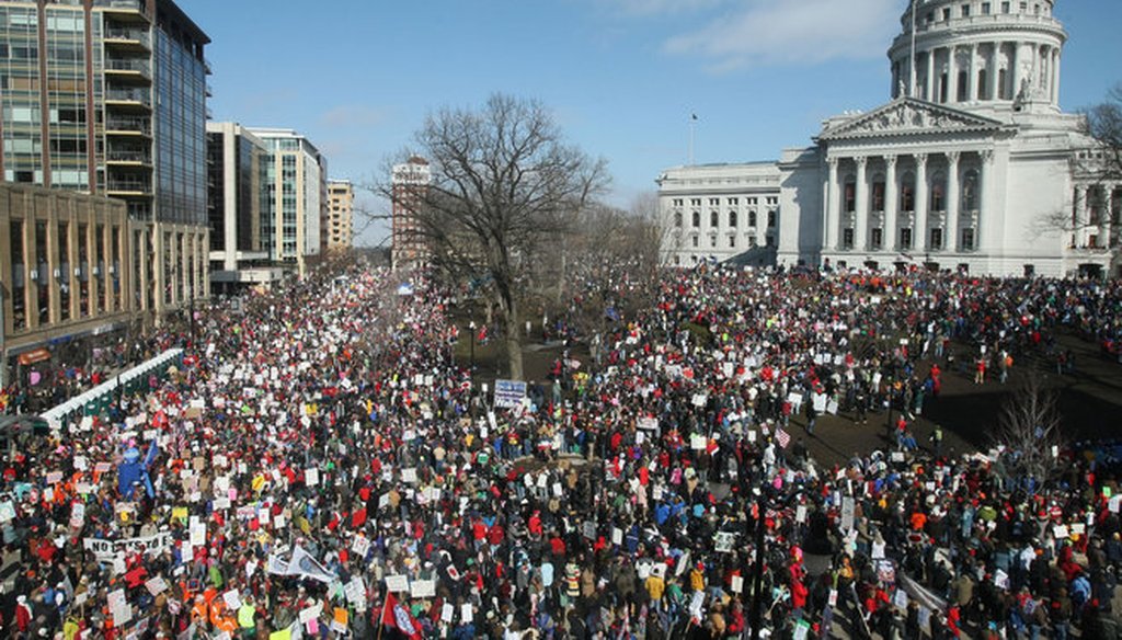 Demonstrators protesting Gov. Scott Walker's Act 10 collective bargaining reform law flooded the streets of Madison around the state Capitol in March 2011. (Michael Sears photo)