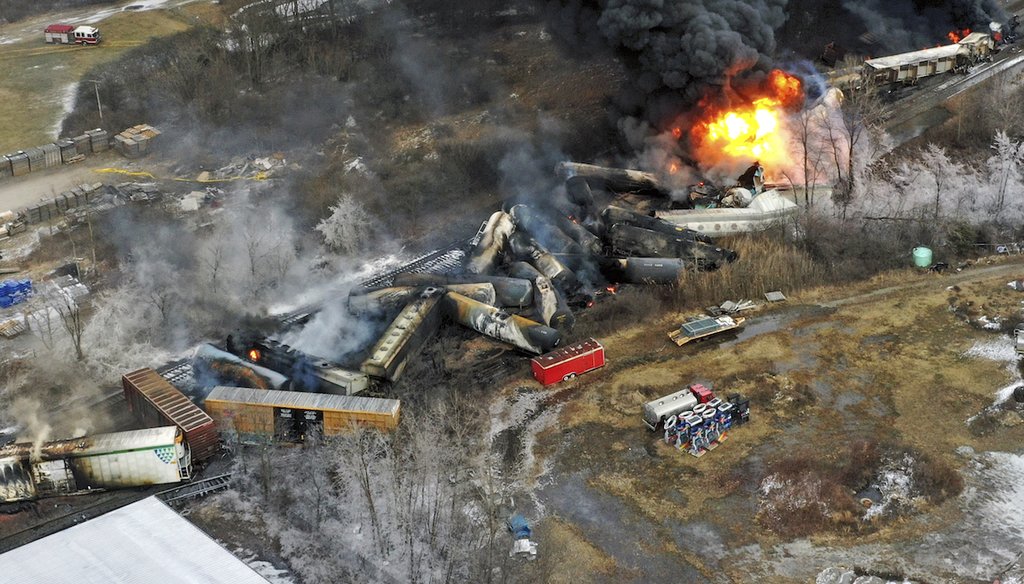 This photo taken with a drone shows portions of a Norfolk Southern freight train that derailed Feb. 3 in East Palestine, Ohio and remained on fire Feb. 4, 2023. The train had been carrying hazardous chemicals including vinyl chloride. (AP)
