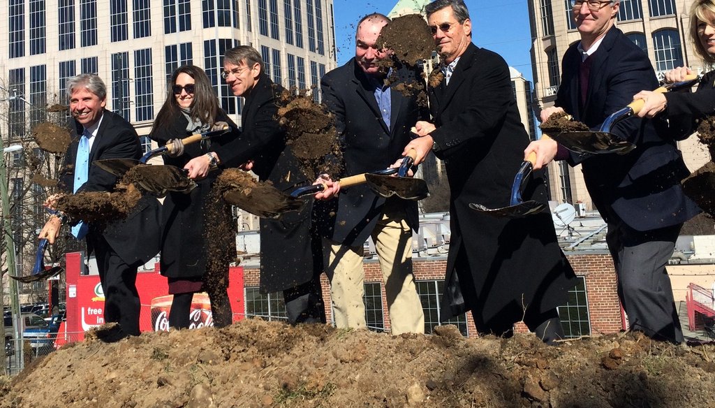 Novare Group CEO Jim Borders, third from left, and others break ground on the new Atlantic House high-rise apartment tower in Midtown Atlanta in January. AJC Photo by J. Scott Trubey