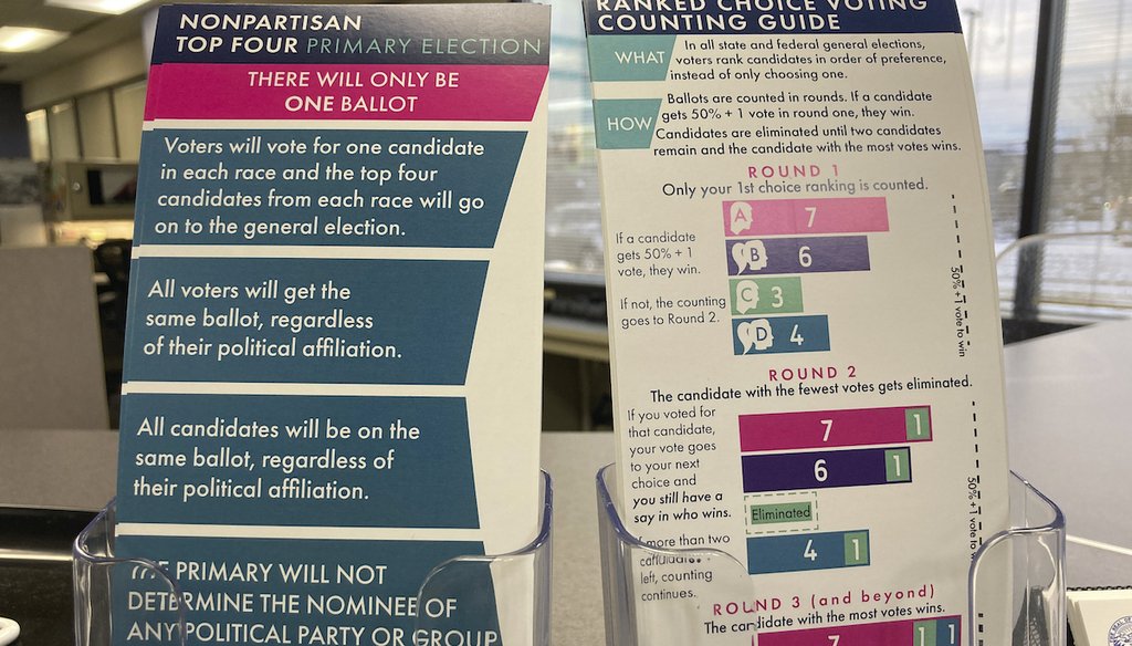 Brochures are displayed at the Alaska Division of Elections office in Anchorage, Alaska, detailing changes to elections this year on Jan. 21, 2022. (AP)