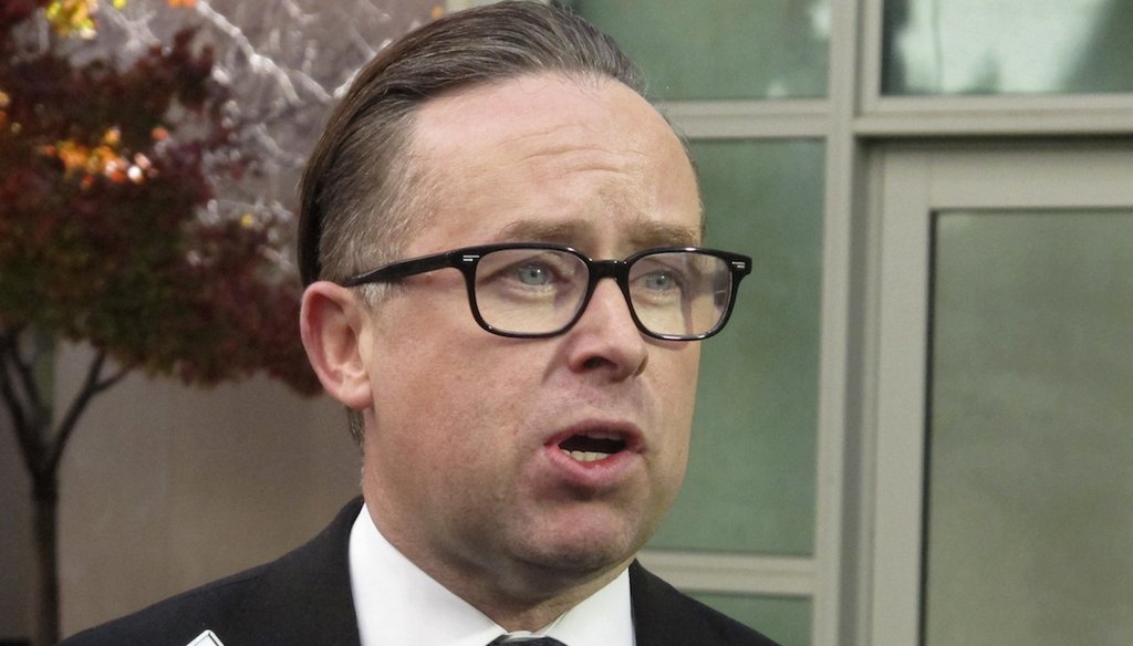 Qantas Airways chief executive Alan Joyce speaks to media on May 10, 2017, at Parliament House in Canberra, Australia, the day after a man squashed a pie into his face during a public address. (AP)