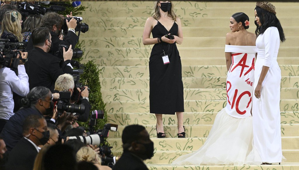 Rep. Alexandria Ocasio-Cortez, D-N.Y., wore a dress that said "tax the rich" to a gala in New York City on Sept. 13, 2021. (Photo by NDZ/STAR MAX/IPx)