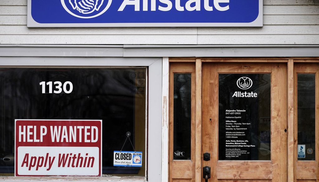 A help wanted sign at an Allstate insurance office in Elgin, Ill., on March 19, 2022. (AP)