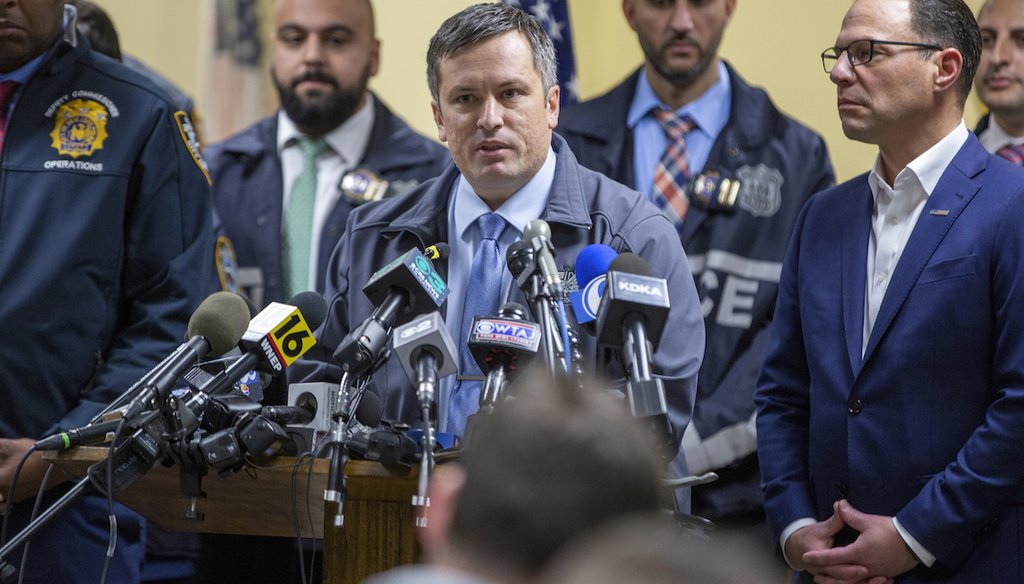 Altoona, Pa., Deputy Police Chief Derek Swope, center, speaks during a press conference regarding the arrest of suspect Luigi Mangione, Monday, Dec. 9, 2024, in Hollidaysburg, Pa., in the fatal shooting of UnitedHealthcare CEO Brian Thompson. (AP)