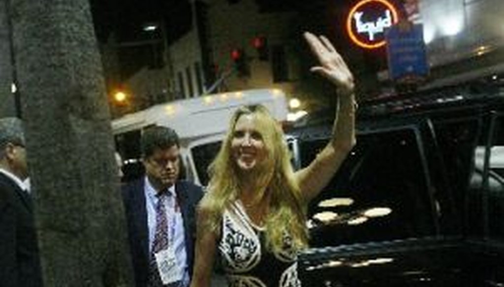 Conservative political commentator Ann Coulter leaves a party at the Honey Pot in Tampa's Ybor City during the 2012 Republican National Convention.