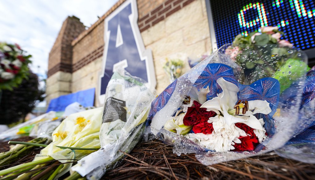 A memorial is seen at Apalachee High School after the Wednesday school shooting, Saturday, Sept. 7, 2024, in Winder, Ga. (AP)