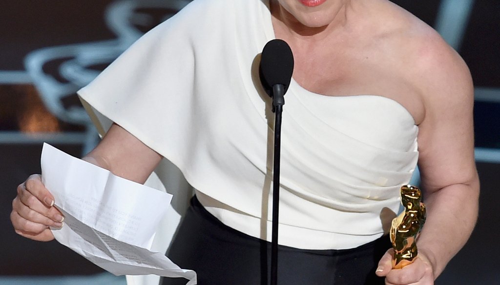 Actress Patricia Arquette accepts the award for Best Supporting Actress during the 87th Annual Academy Awards on Feb. 22, 2015. Photo by Getty Images