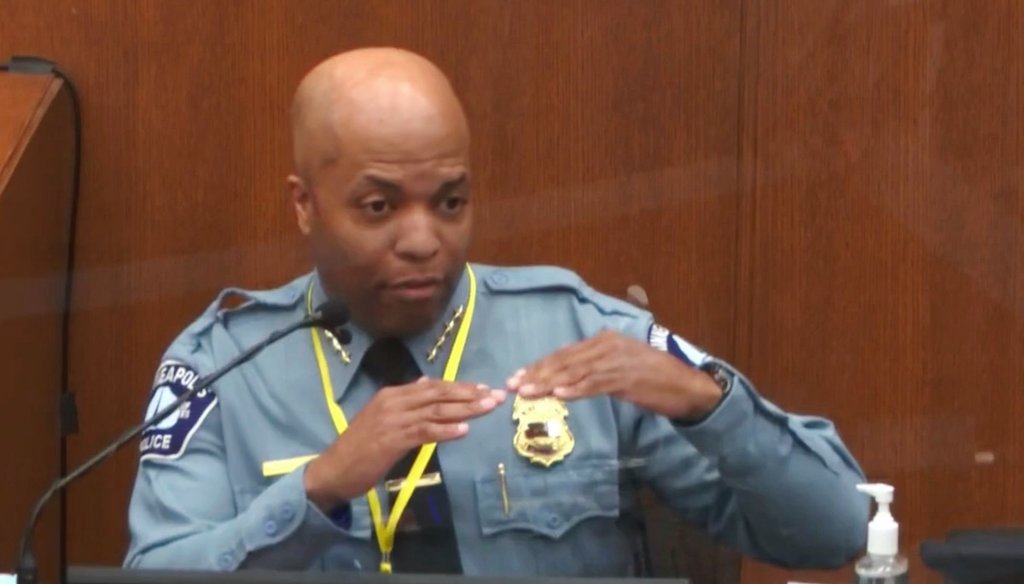 Minneapolis Police Chief Medaria Arradondo testifies in the trial of former Minneapolis police Officer Derek Chauvin. Chauvin is charged with causing the death of George Floyd. (Court TV via AP, Pool)