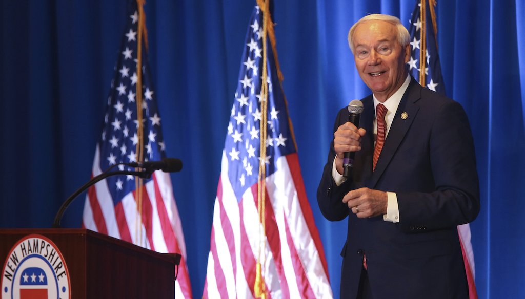 Republican presidential candidate Asa Hutchinson speaks during the New Hampshire Republican Party's First In The Nation Leadership Summit on Oct 14, 2023, in Nashua, N.H. (AP)