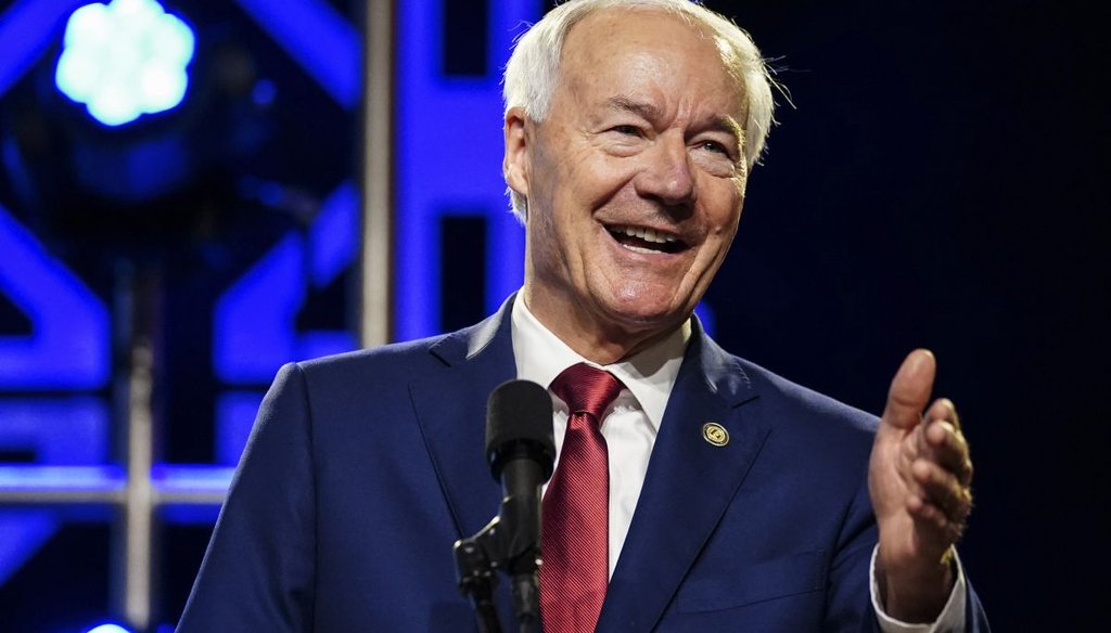 Former Arkansas Gov. Asa Hutchinson speaks to attendees of the Georgia Republican convention on June 10, 2023, in Columbus, Ga. (AP)