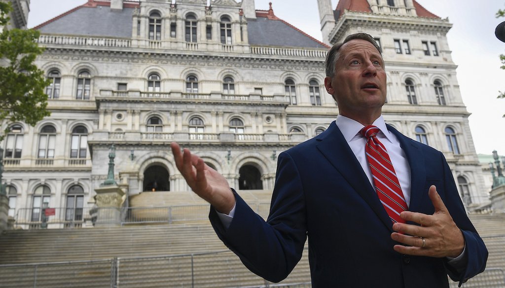 Rob Astorino, Republican candidate for governor, speaks about gun laws and election issues outside the state Capitol on June 2, 2022, in Albany, N.Y. (AP)