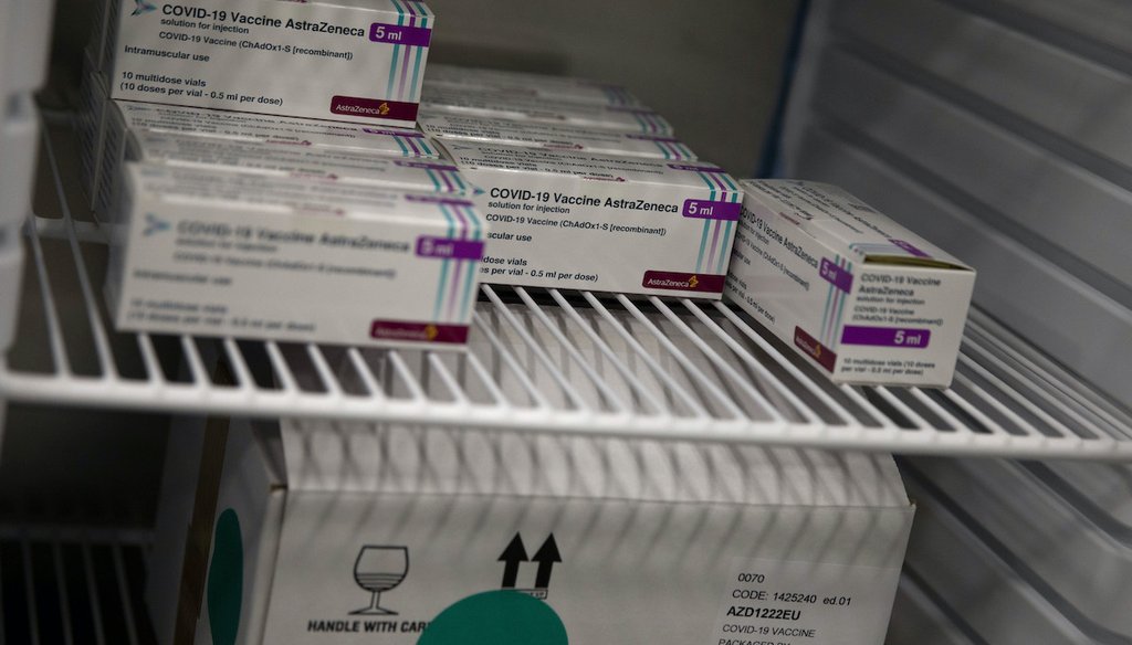 Boxes of the AstraZeneca COVID-19 vaccine are stored in a refrigerator at the Vaccine Village in Antwerp, Belgium, March 16, 2021. (AP)