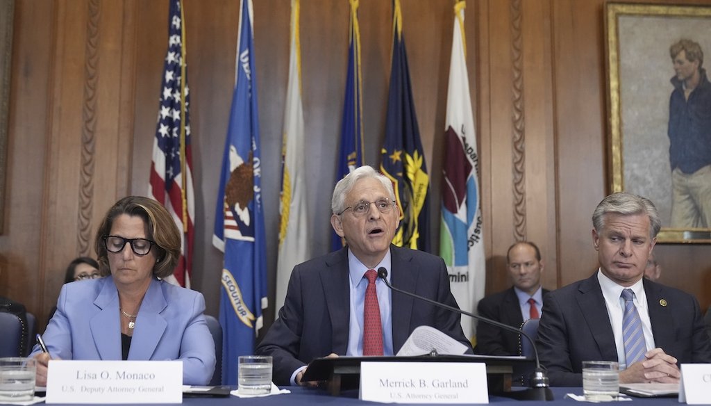 Attorney General Merrick Garland speaks during a meeting of the Justice Department's Election Threats Task Force, Sept. 4, 2024, in Washington, with Deputy Attorney General Lisa Monaco, left, and FBI Director Christopher Wray, right. (AP)