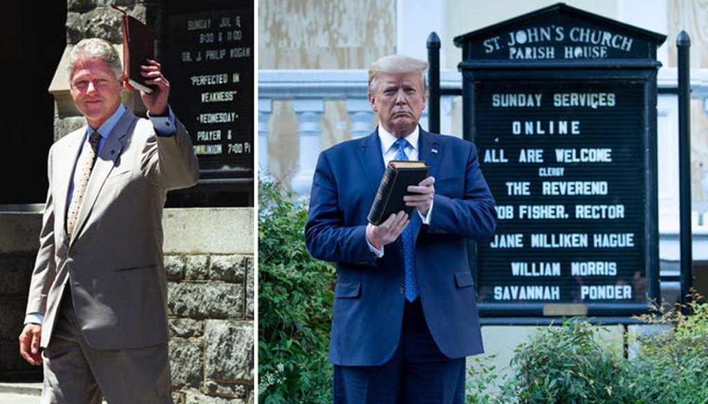 Bill Clinton (left) is shown leaving a church service he attended at Foundry United Methodist Church in 2000. Donald Trump (right) is shown posing in front of St. John's Church on June 1, 2020. (Source: Getty Images/USA TODAY)