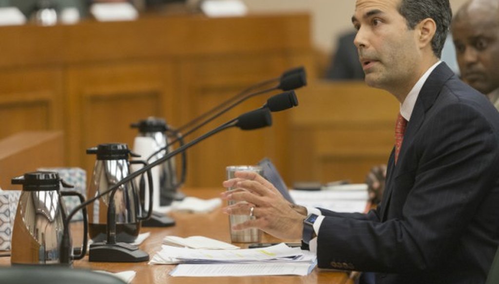 Jerry Patterson, a Republican running for state land commissioner, says incumbent George P. Bush, shown here at a December 2017 hearing, has overseen only two home repairs since Hurricane Harvey (STEPHEN SPILLMAN/for Austin American-Statesman).