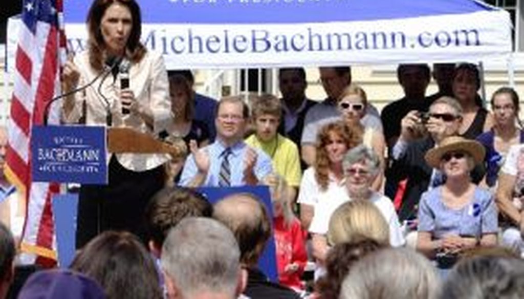 Republican presidential candidate Michele Bachmann talks with supporters during a campaign stop in Raymond, N.H., on June 28, 2011. She repeated a claim there about something President Barack Obama said in 2009.