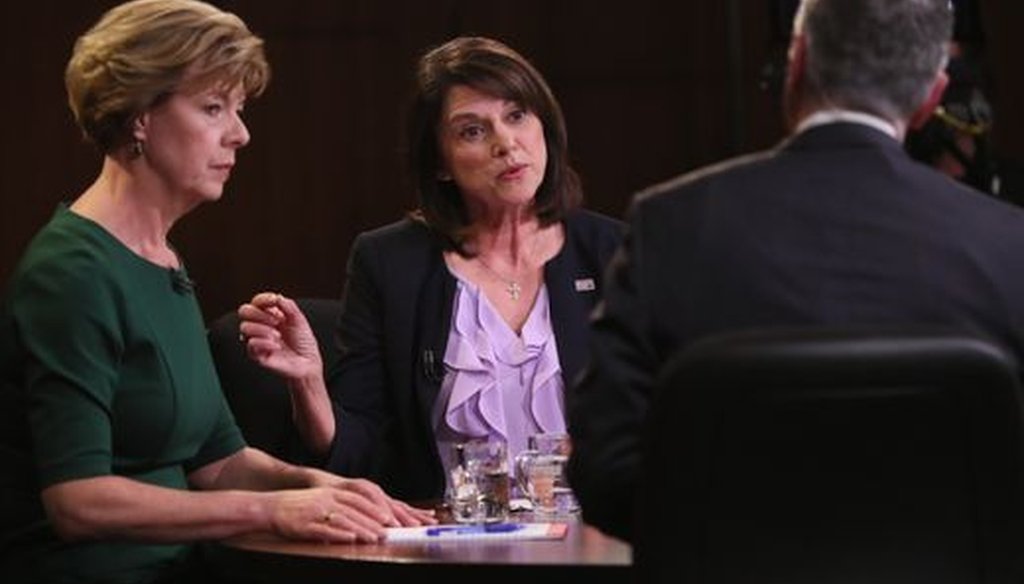 U.S. Sen. Tammy Baldwin (left) was attacked by her Republican challenger, Leah Vukmir, over Medicare for All during a debate on Oct. 19, 2018. (Michael Sears/Milwaukee Journal Sentinel)