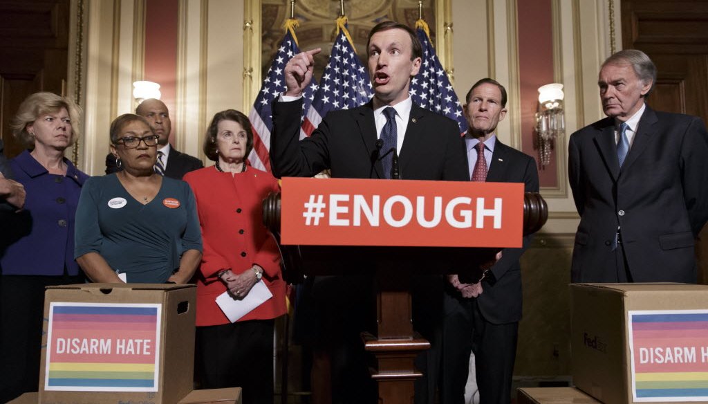 U.S. Sen. Tammy Baldwin of Wisconsin (far left) joins other Democratic senators in calling for gun control legislation in the wake of the Orlando nightclub shooting. (AP Photo)