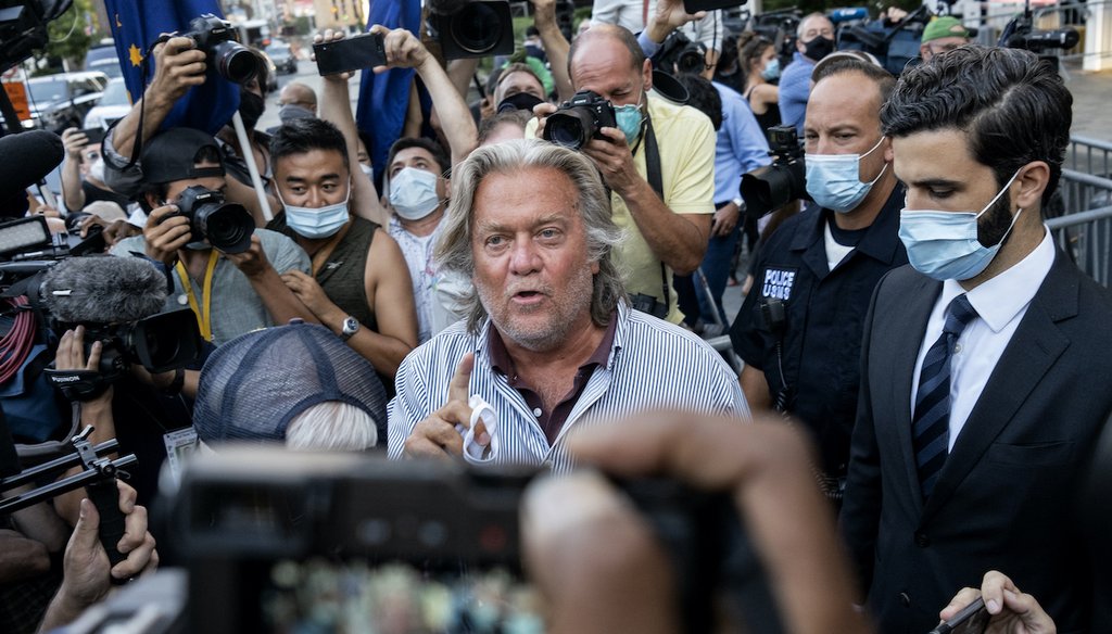 President Donald Trump's former chief strategist Steve Bannon leaves federal court on Aug. 20, 2020, after pleading not guilty to charges that he ripped off donors to an online fundraising scheme to build a southern border wall. (AP Photo/Craig Ruttle)