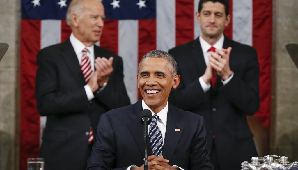 Vice President Joe Biden (left) and House Speaker Paul Ryan applaud President Barack Obama during Obama's State of the Union address on Jan. 12, 2016. (Associated Press)