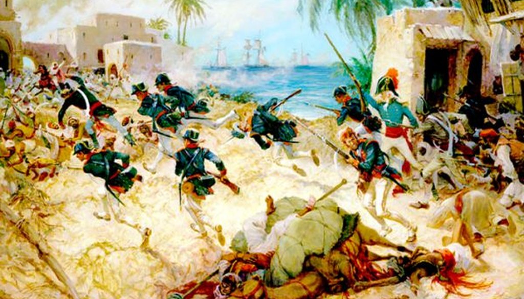 Lt. Presley O'Bannon in battle at Derna, in modern-day Libya, 1805. (U.S. Marine Corps)
