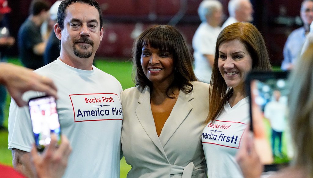 Kathy Barnette, a Republican candidate for U.S. Senate in Pennsylvania, poses with attendees at a forum in Newtown, Pa., Wednesday, May 11, 2022. (AP)