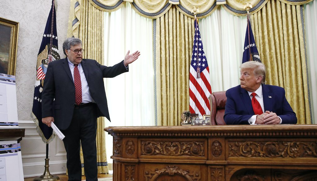 In this July 15, 2020, file photo Attorney General William Barr, left, speaks with President Donald Trump during a a law enforcement briefing on the MS-13 gang in the Oval Office of the White House in Washington. (AP)