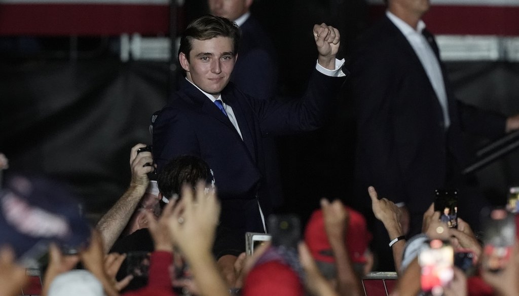 Barron Trump gestures after his father, Republican presidential candidate and former President Donald Trump, introduced him during a July 9 campaign rally in Doral, Fla. (AP)