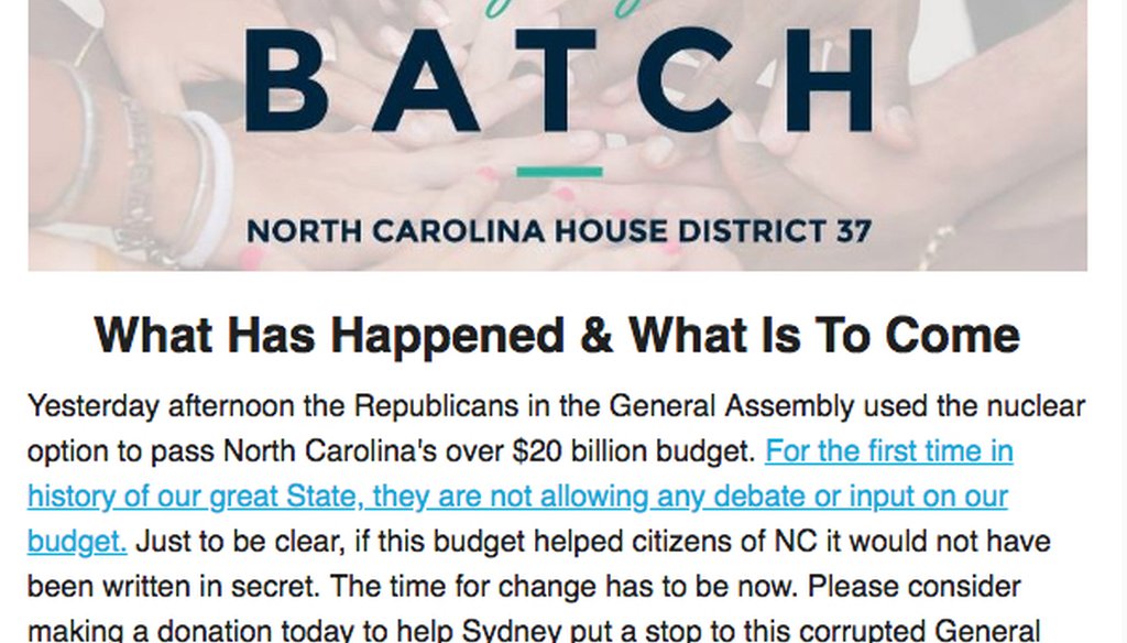Sydney Batch, a Democratic candidate for NC House district 37, sent this newsletter on May 23.