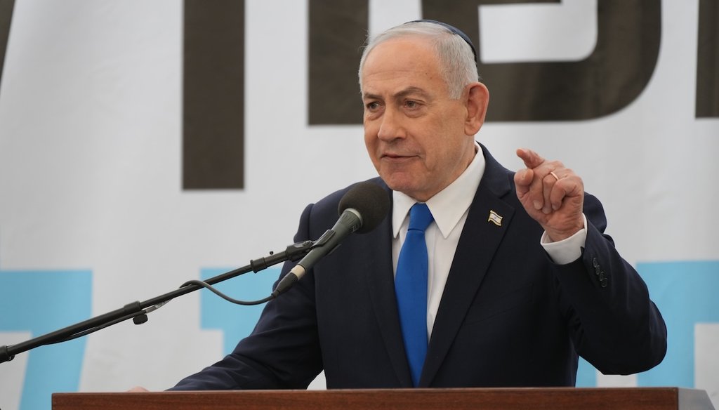 Israeli Prime Minister Benjamin Netanyahu speaks during the funeral of Ran Gvili, the last Israeli hostage whose remains were recovered from the Gaza Strip, in Meitar, Israel, Jan. 28, 2026. (AP)