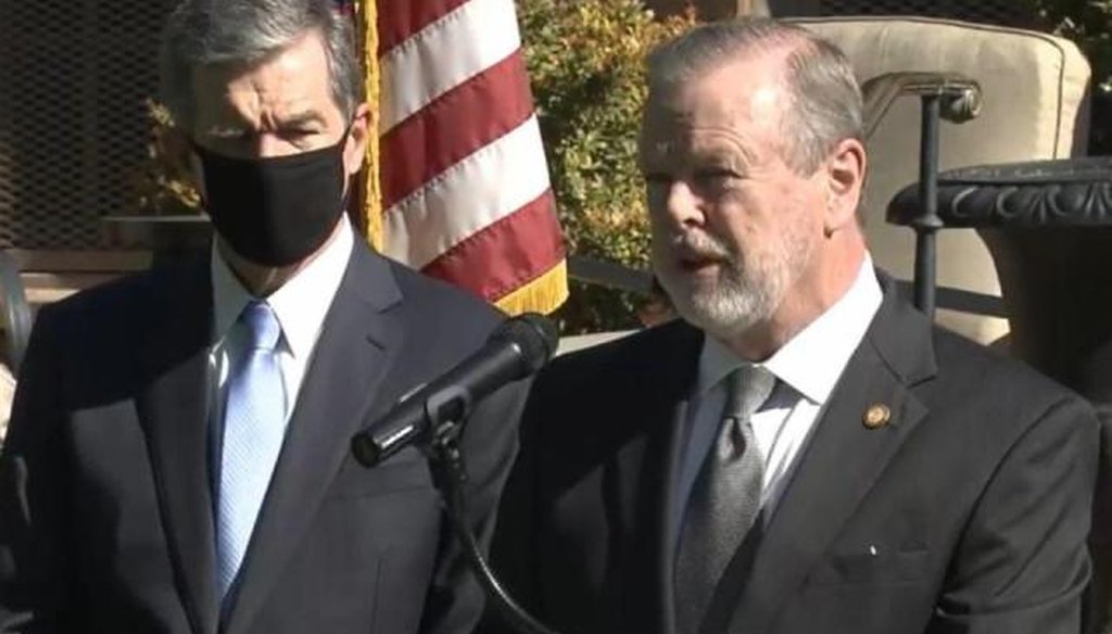 Senate President Pro Tem Phil Berger speaks Monday, April 26, 2021, at a press conference announcing Apple's new North Carolina campus. Gov. Roy Cooper is to the left. (WRAL)